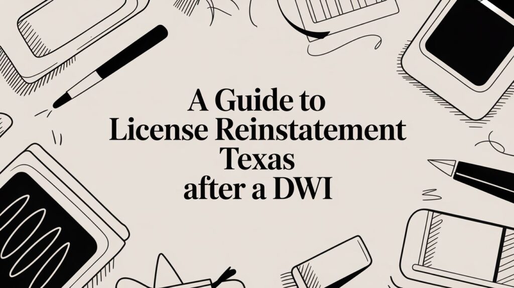 A Guide to License Reinstatement in Texas after a DWI, featuring graphic elements like pens and notebooks, emphasizing legal resources and support.