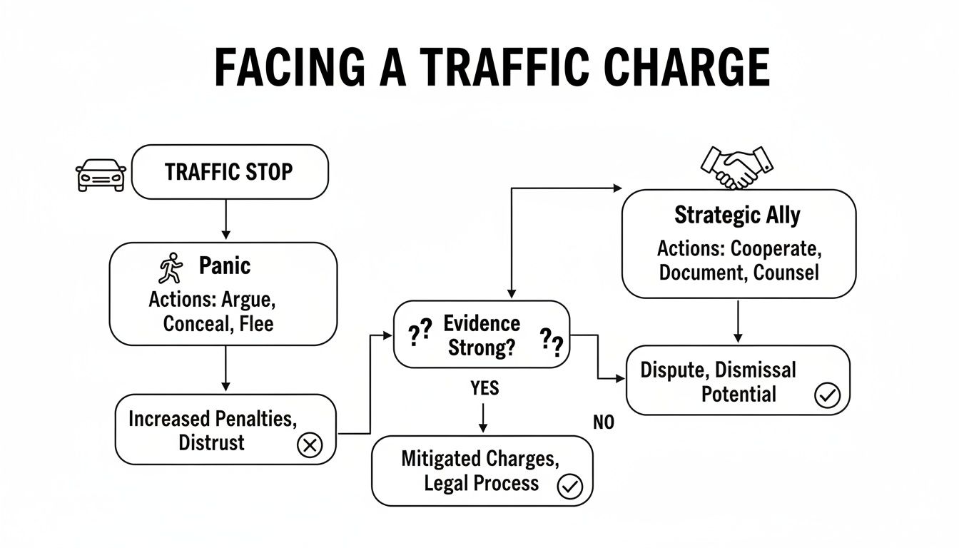 Flowchart illustrating two paths when facing a traffic charge: panic leading to increased penalties, or strategic ally leading to better outcomes.