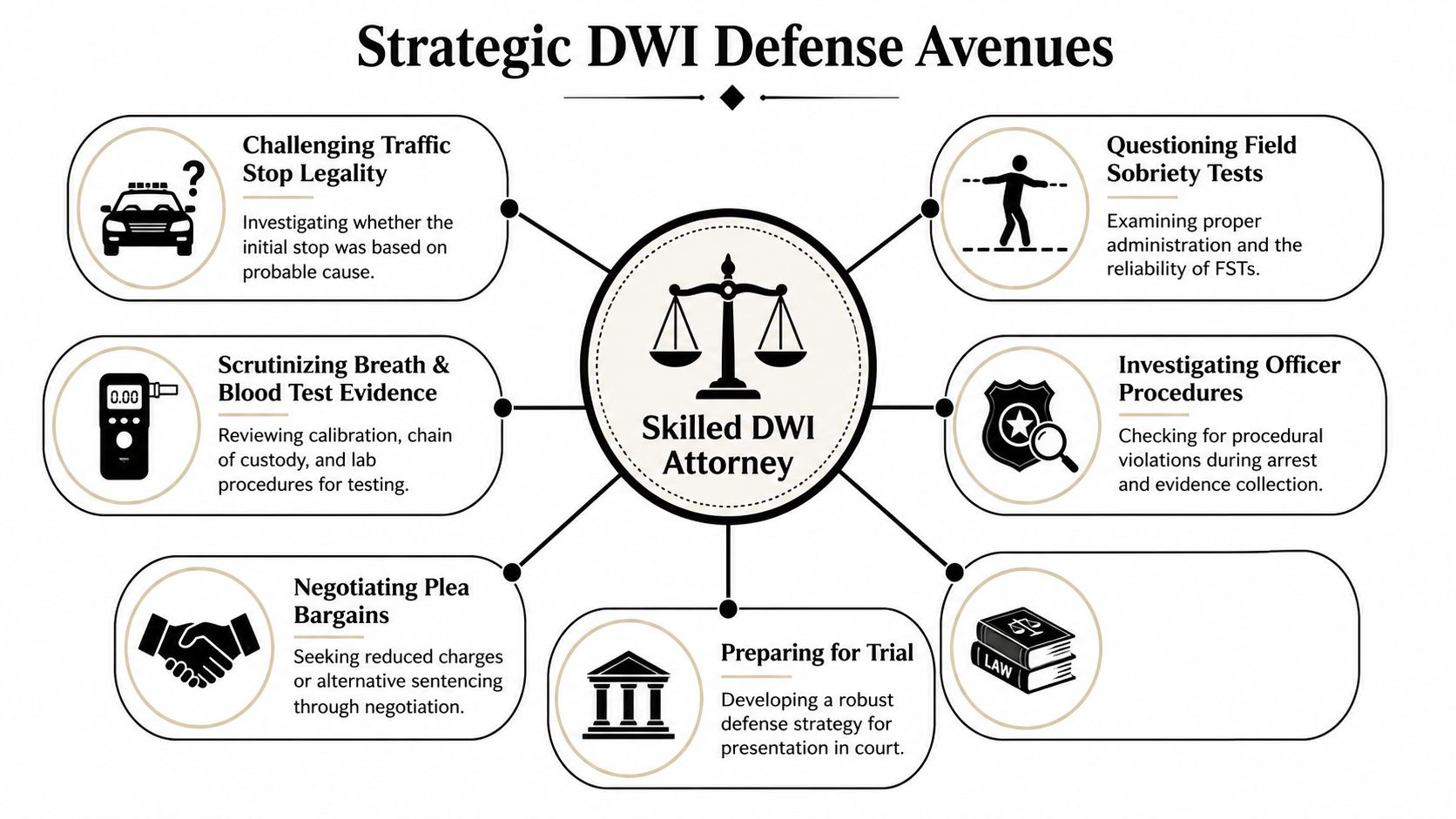 A diagram outlining six strategic defense avenues for a DWI case handled by a skilled attorney.