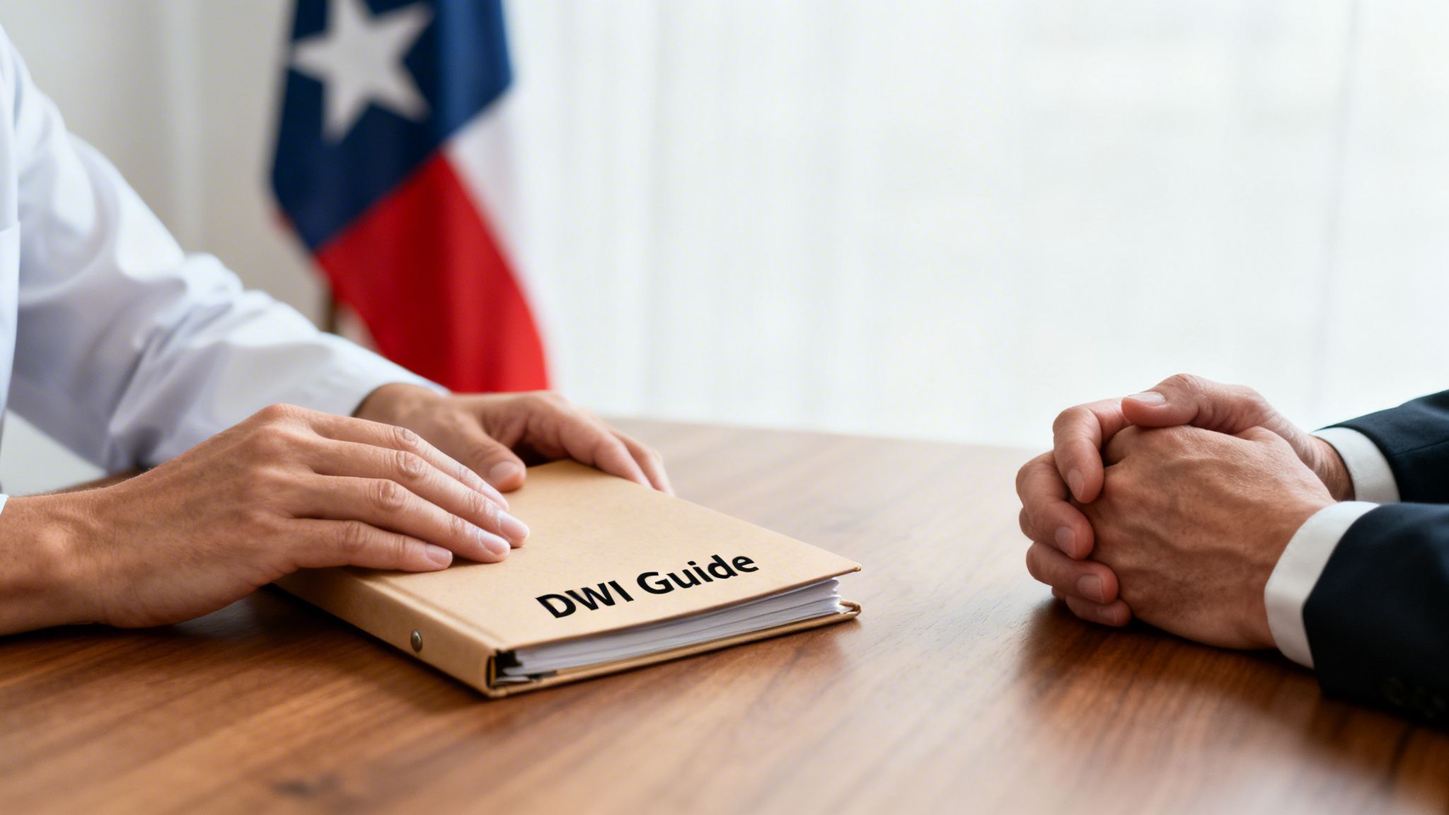 Hands of two men across a table, one with a 'DWI Guide' binder, symbolizing legal consultation in Texas.