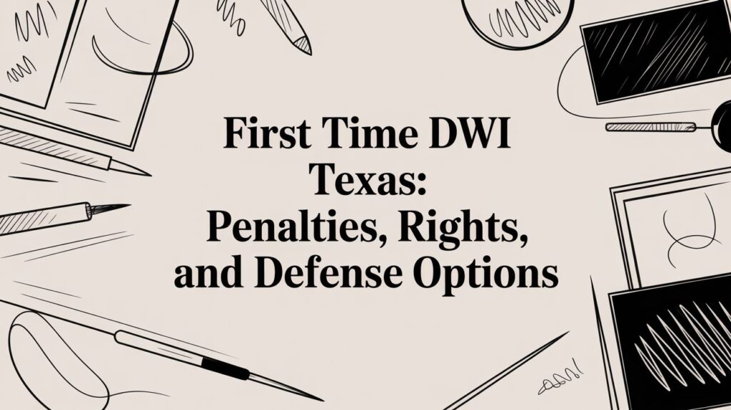 First Time DWI Texas: Penalties, Rights, and Defense Options graphic with artistic elements and text, relevant to DUI legal resources in Texas.