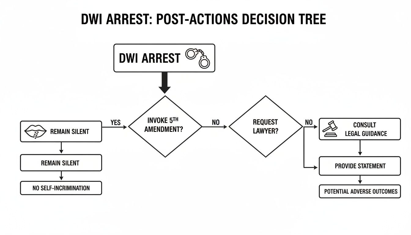 Flowchart detailing post-DWI arrest decisions, illustrating choices like invoking the Fifth Amendment or requesting a lawyer.