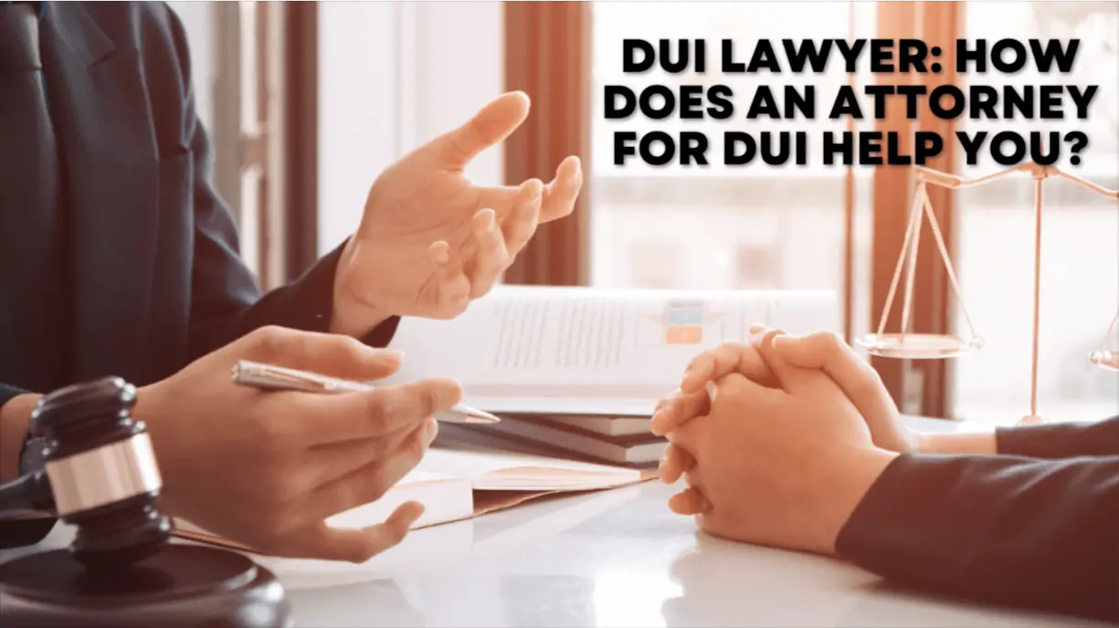 DUI lawyer discussing legal strategies with a client at a desk, featuring a gavel and scales of justice in the background, emphasizing the role of an attorney in DUI cases.