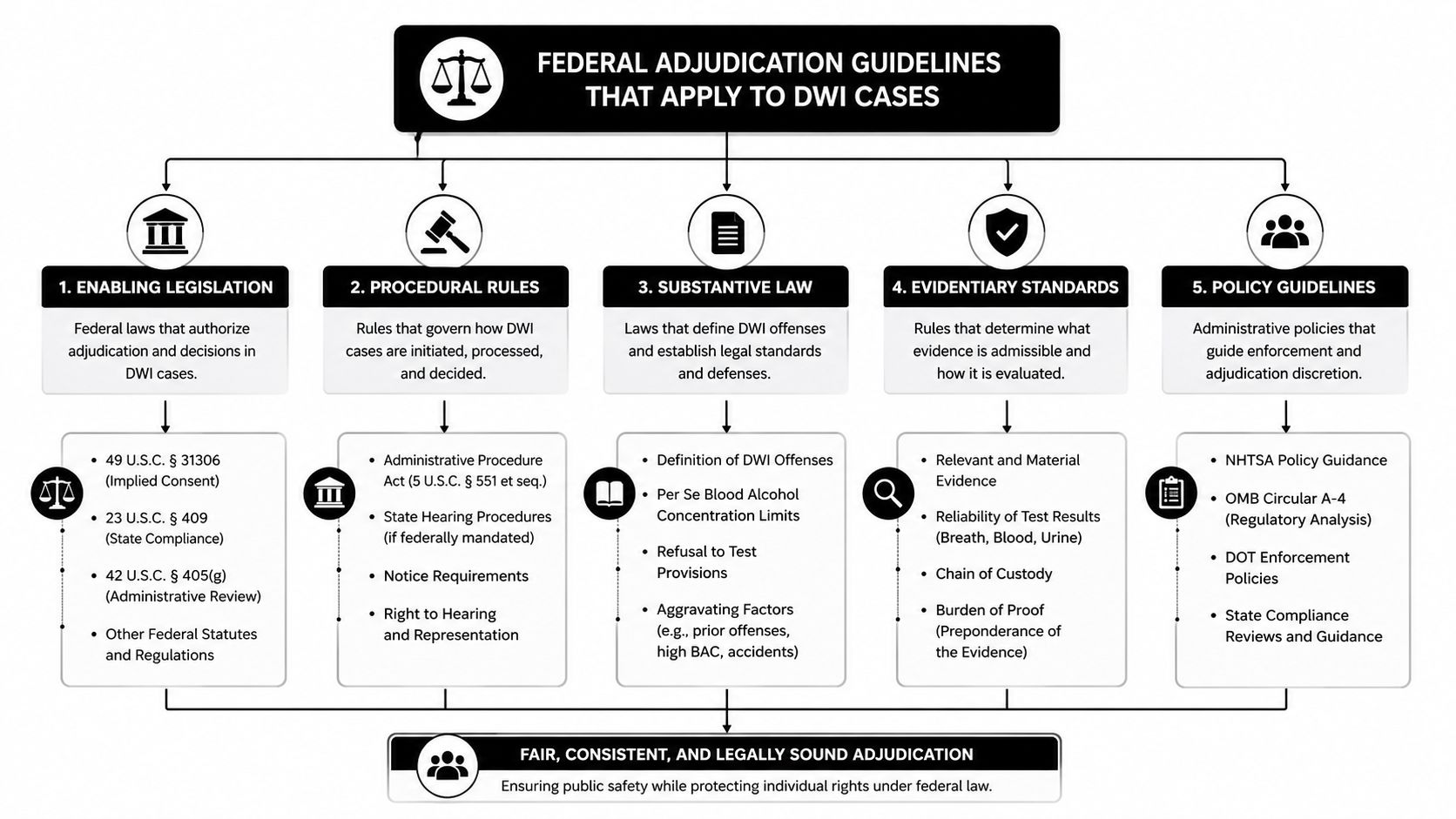 A flow chart illustrating federal adjudication guidelines for DWI cases, covering legislation, procedural rules, laws, standards, and policies.