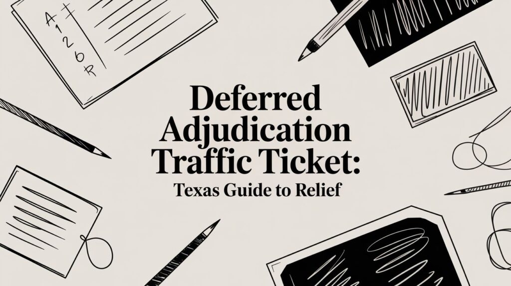 Deferred Adjudication Traffic Ticket guide with Texas legal context, featuring pens and notepads on a neutral background.