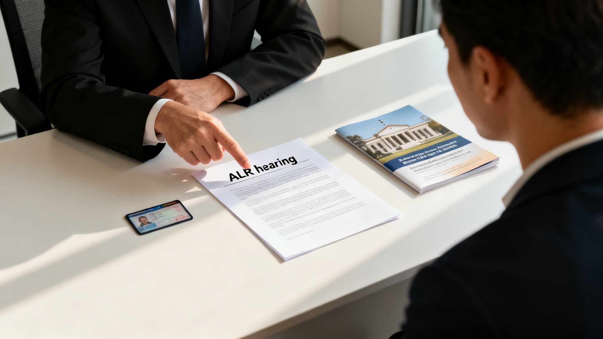 Two men discuss legal documents at a desk, one pointing at an "ALR hearing" paper.