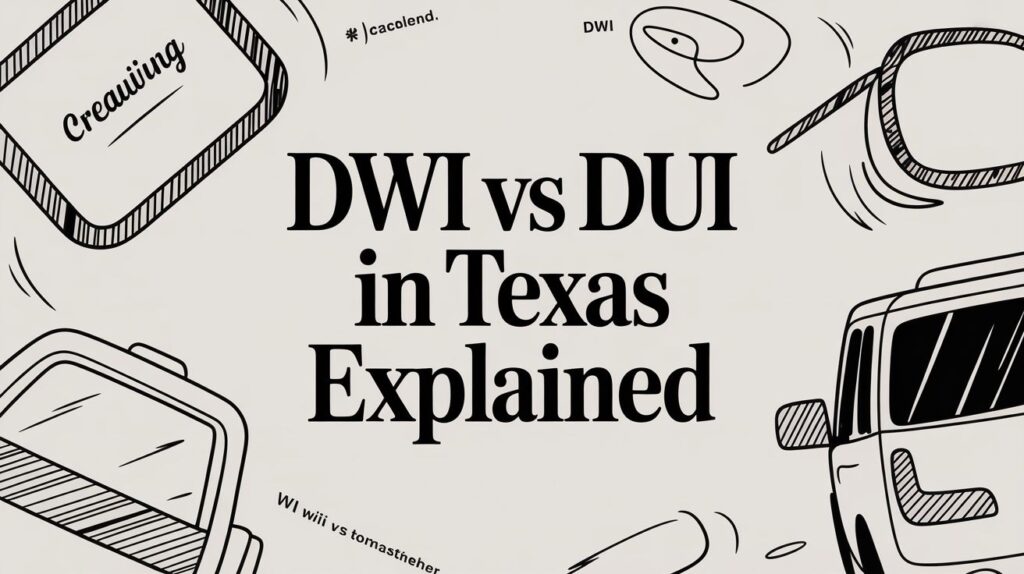 DWI vs DUI in Texas explained, featuring illustrations of a vehicle and legal terminology, emphasizing the distinction between driving while intoxicated and driving under the influence.