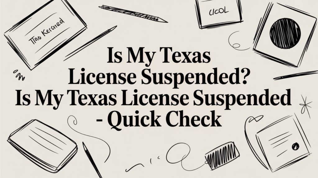 Is My Texas License Suspended? graphic with text highlighting quick check for Texas license status, surrounded by illustrative doodles of stationery items.