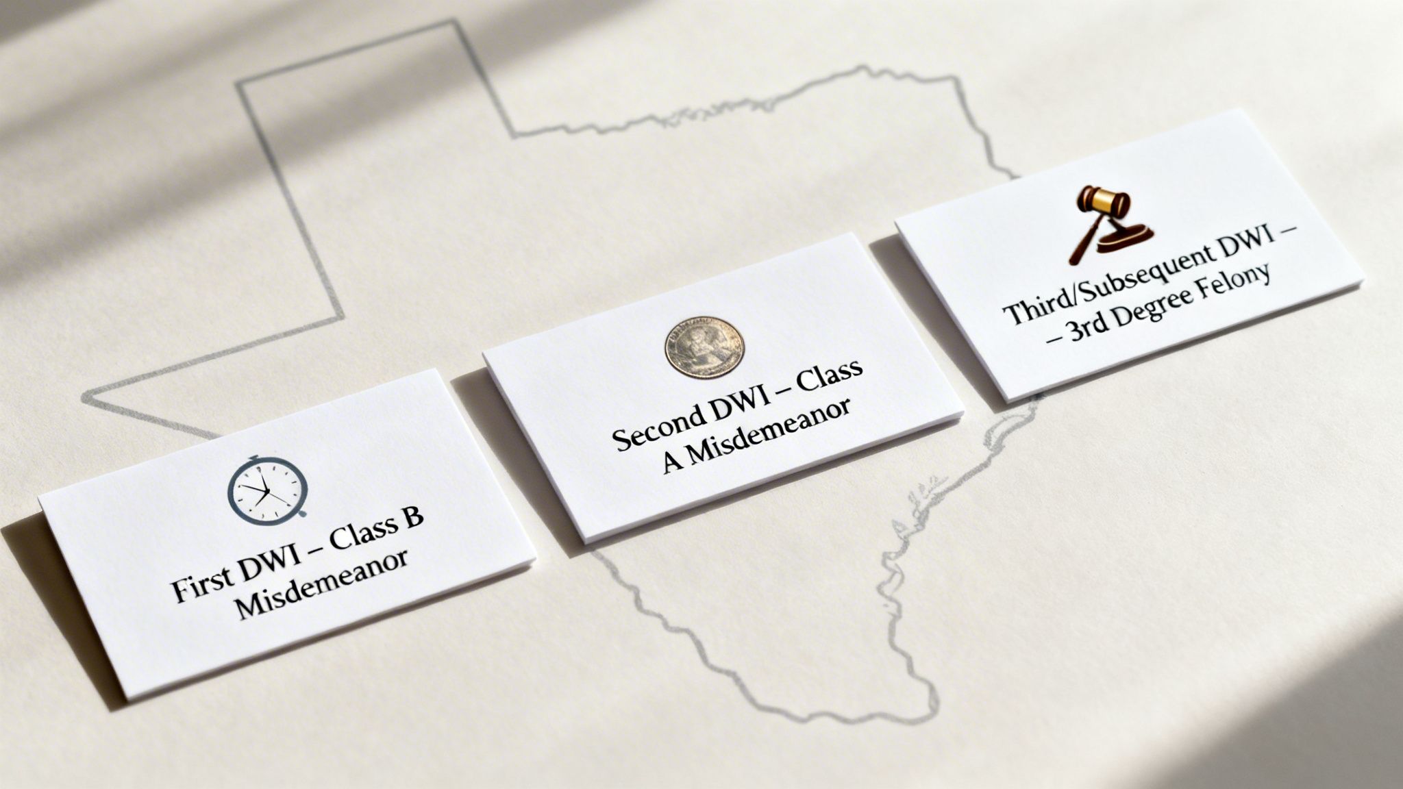 Three cards on a Texas map outline detail first, second, and third DWI penalties.