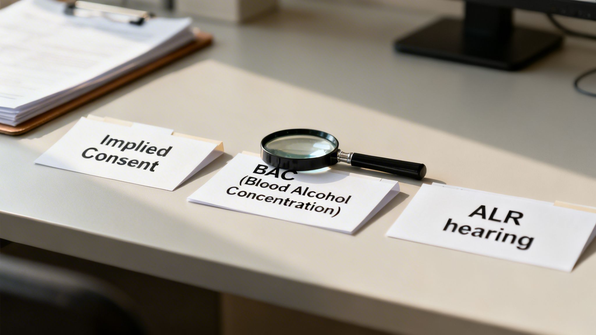 Desk with cards showing 'Implied Consent,' 'BAC,' 'ALR hearing' and a magnifying glass.