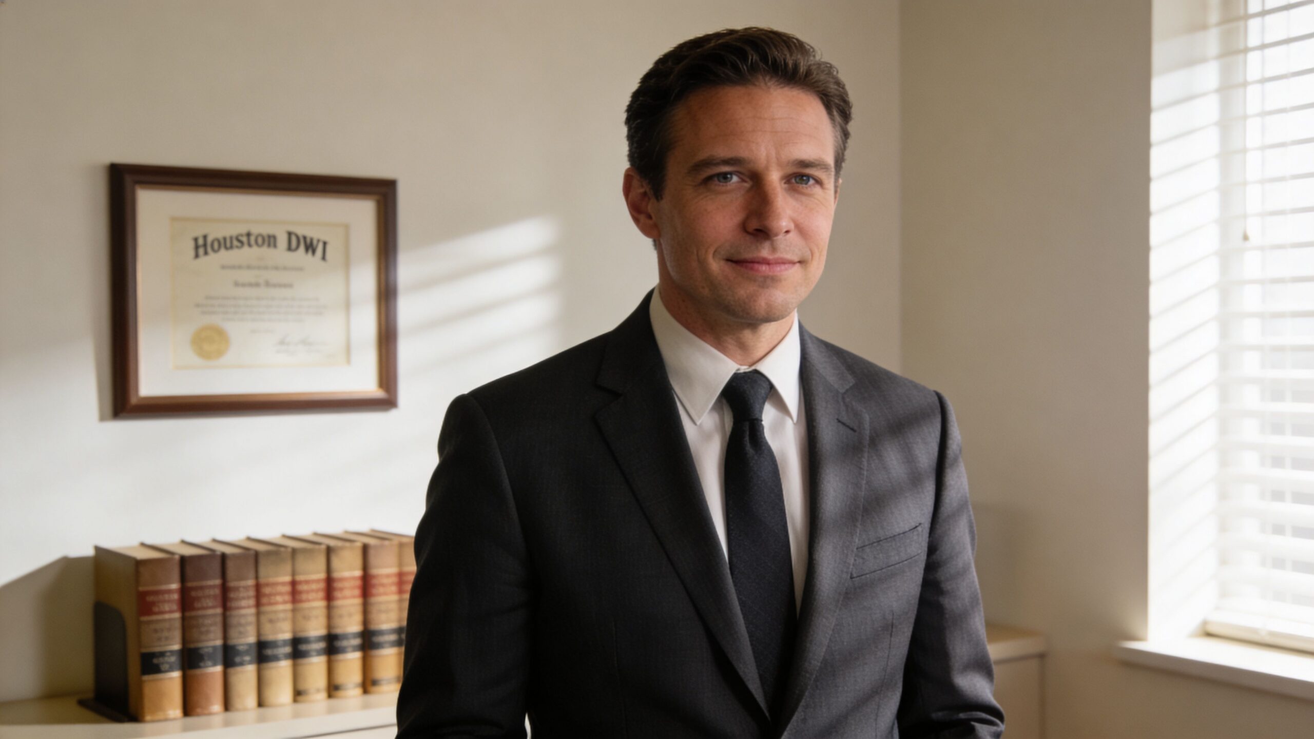 A professional man in a suit standing in an office, likely representing a Houston drunk driving lawyer.