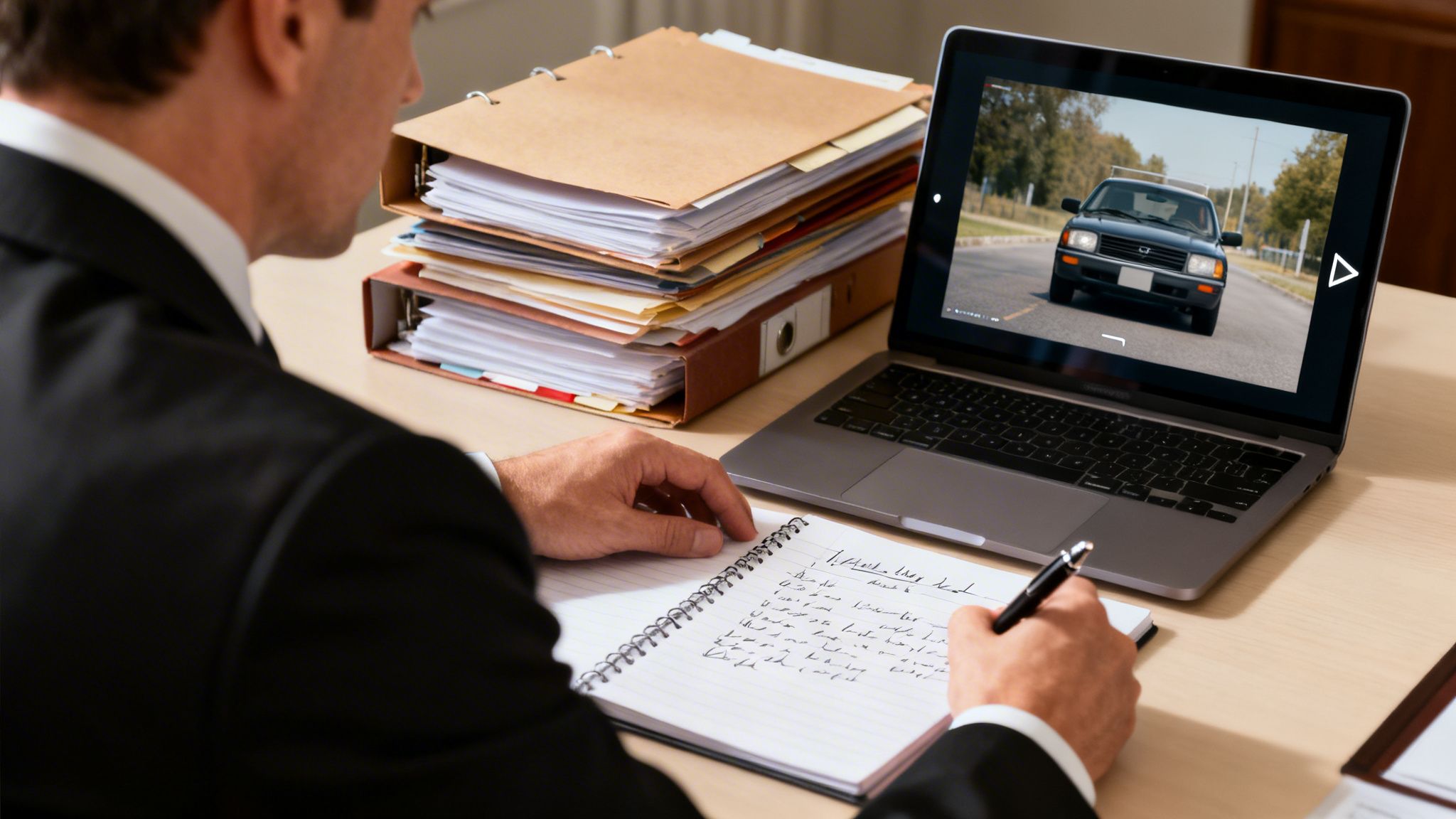 Businessman watches a car video on laptop, taking notes, with documents stacked on his desk.