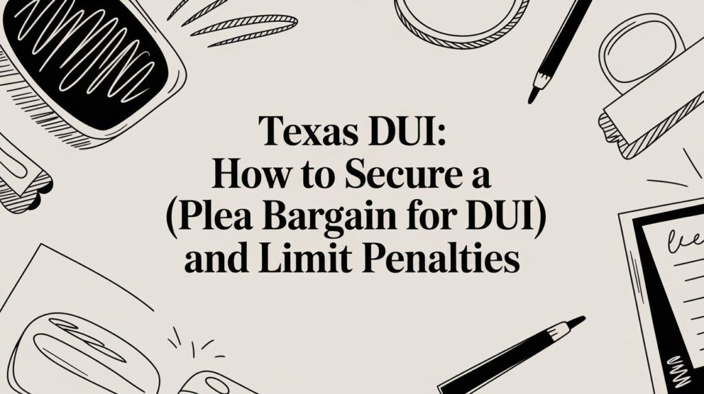 Texas DUI plea bargain guide with legal tools and strategies to limit penalties, featuring sketch elements and handwritten text.