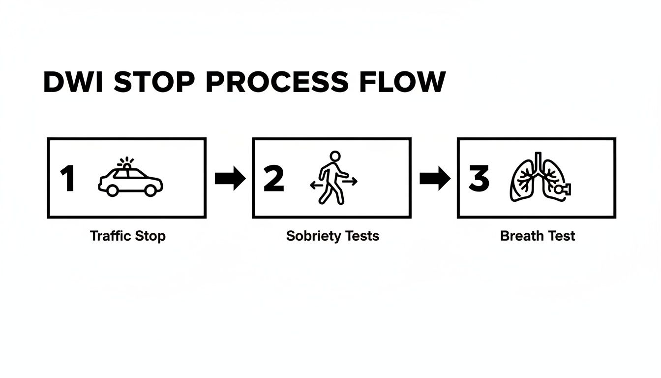 Flowchart outlining the DWI stop process, including traffic stop, sobriety tests, and breath test.