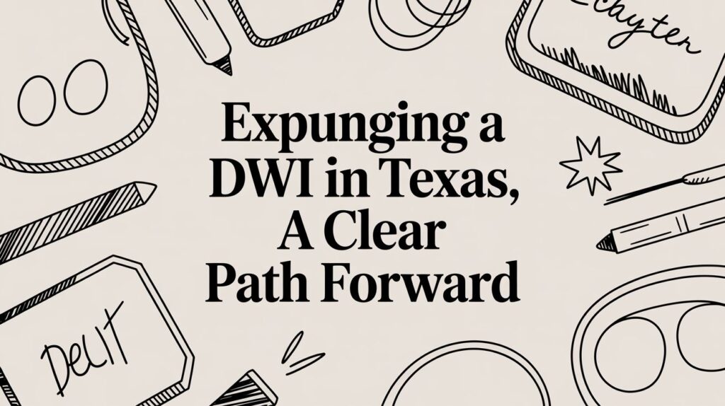 Expunging a DWI in Texas graphic with legal themes, featuring title text "Expunging a DWI in Texas, A Clear Path Forward" surrounded by illustrative elements like pens and shapes, reflecting legal advice context.