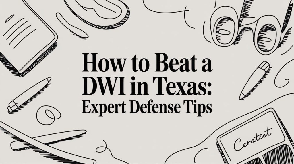 Graphic featuring the title "How to Beat a DWI in Texas: Expert Defense Tips" surrounded by legal-themed illustrations, emphasizing DUI defense strategies relevant to Texas law.