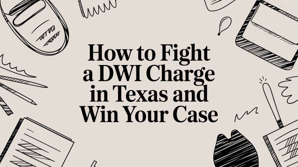 Text graphic with the title "How to Fight a DWI Charge in Texas and Win Your Case," surrounded by illustrations of legal and office supplies, emphasizing DWI legal defense strategies.