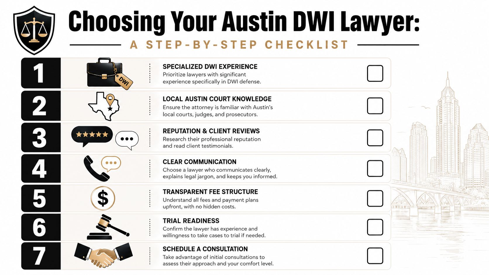 A seven-step infographic checklist guiding users on how to choose a qualified DWI lawyer in Austin.