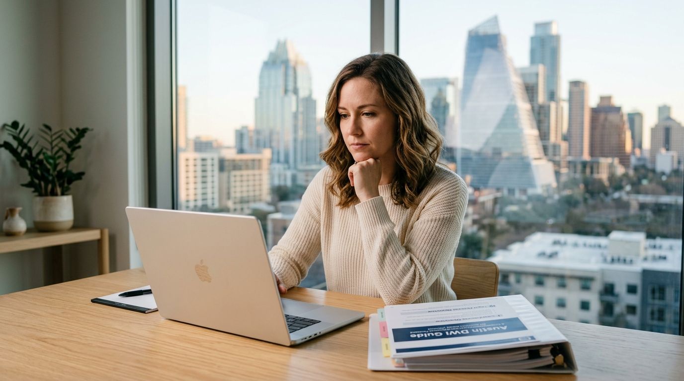 A professional woman working on a laptop at a desk with an Austin DWI guide binder nearby.
