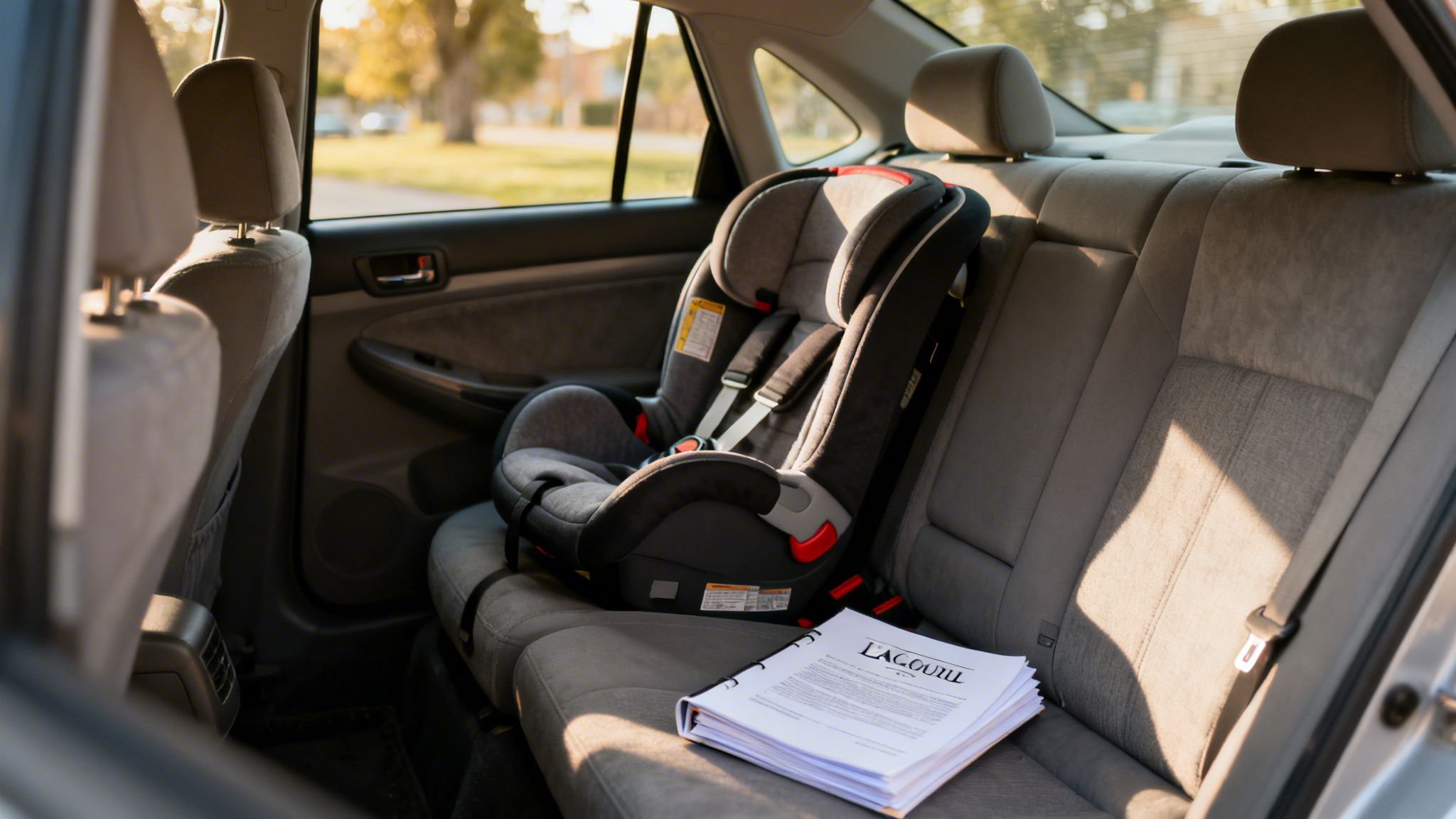 Car interior with a grey child safety seat and legal documents on the back seat.