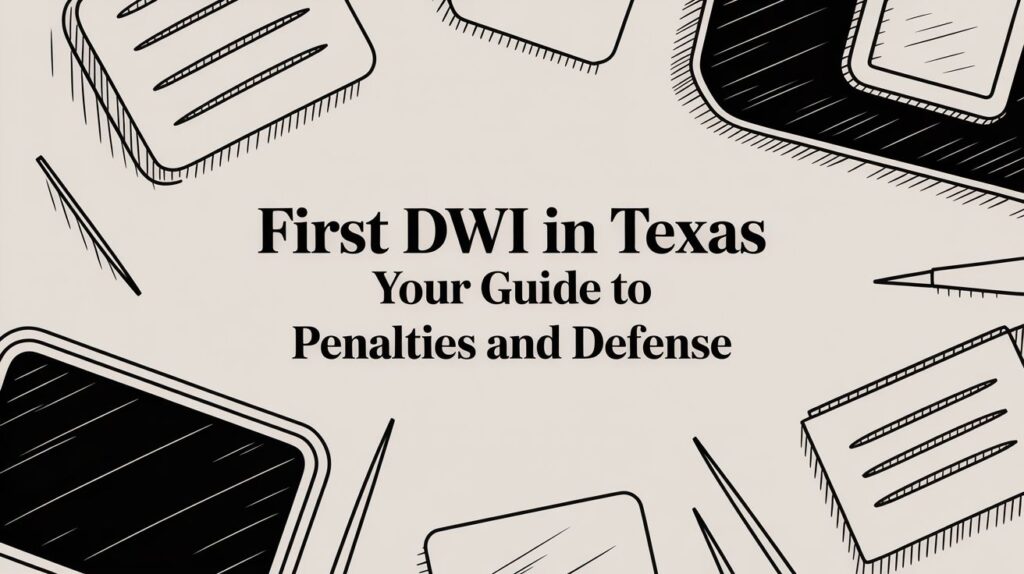 First DWI in Texas guide with text on penalties and defense, surrounded by illustrated notepads and pens.