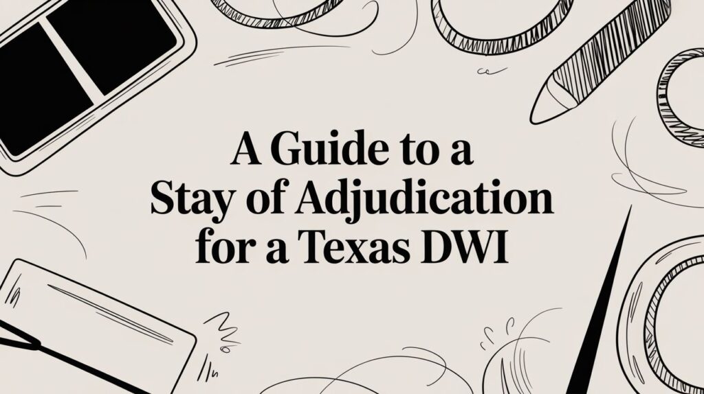 A Guide to a Stay of Adjudication for a Texas DWI, featuring decorative elements like pens and legal pads, emphasizing legal support and resources for DWI cases.