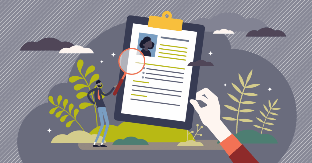 Illustration of a person examining a resume with a magnifying glass, representing the process of job application and occupational licensing in Texas.