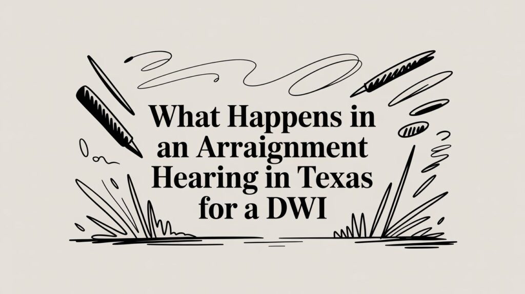 What happens in an arraignment hearing in Texas for a DWI, legal illustration with decorative elements.