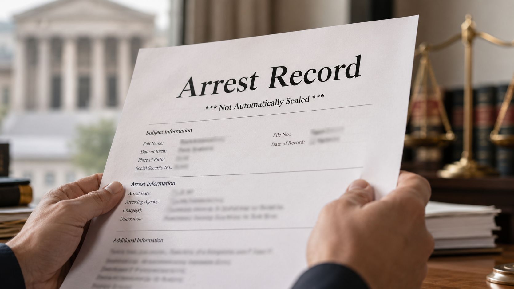 A person holding an official arrest record document in a professional legal office setting.
