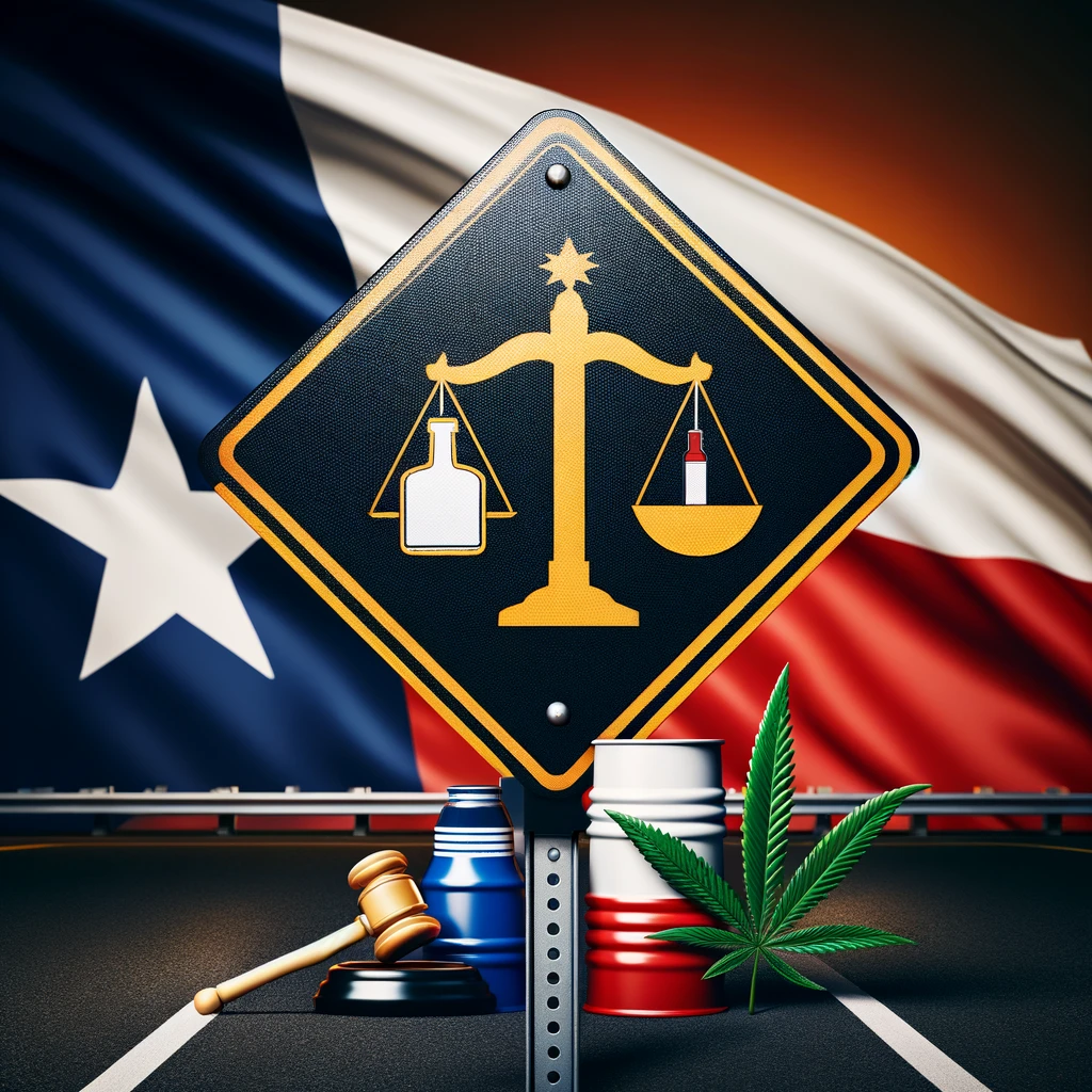 Conceptual illustration of DUI in Texas, featuring a road sign with scales of justice balancing alcohol and marijuana symbols, against a backdrop of the Texas flag, emphasizing DWI laws and regulations.