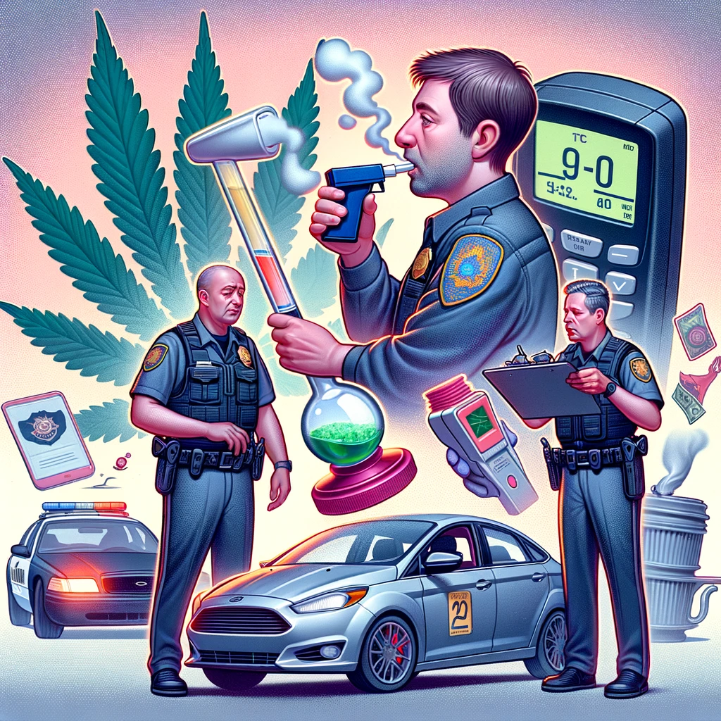Law enforcement officers using advanced technology to enforce DUI laws, featuring a police officer conducting a breath test, a second officer observing, and a car with a DUI marker, alongside marijuana imagery and testing equipment.