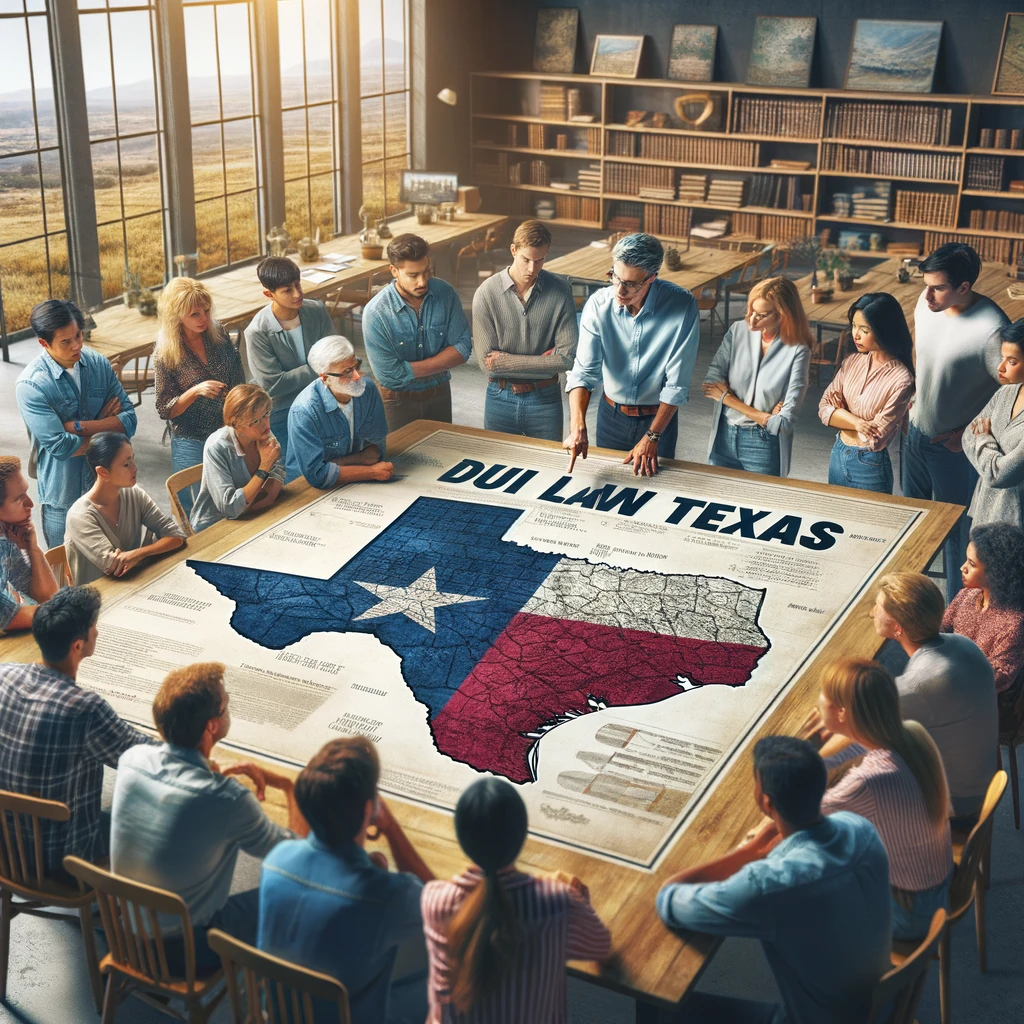 Diverse group of people gathered around a large map of Texas on a table, discussing DUI laws in Texas, with one person pointing at the map labeled "DUI LAW TEXAS."