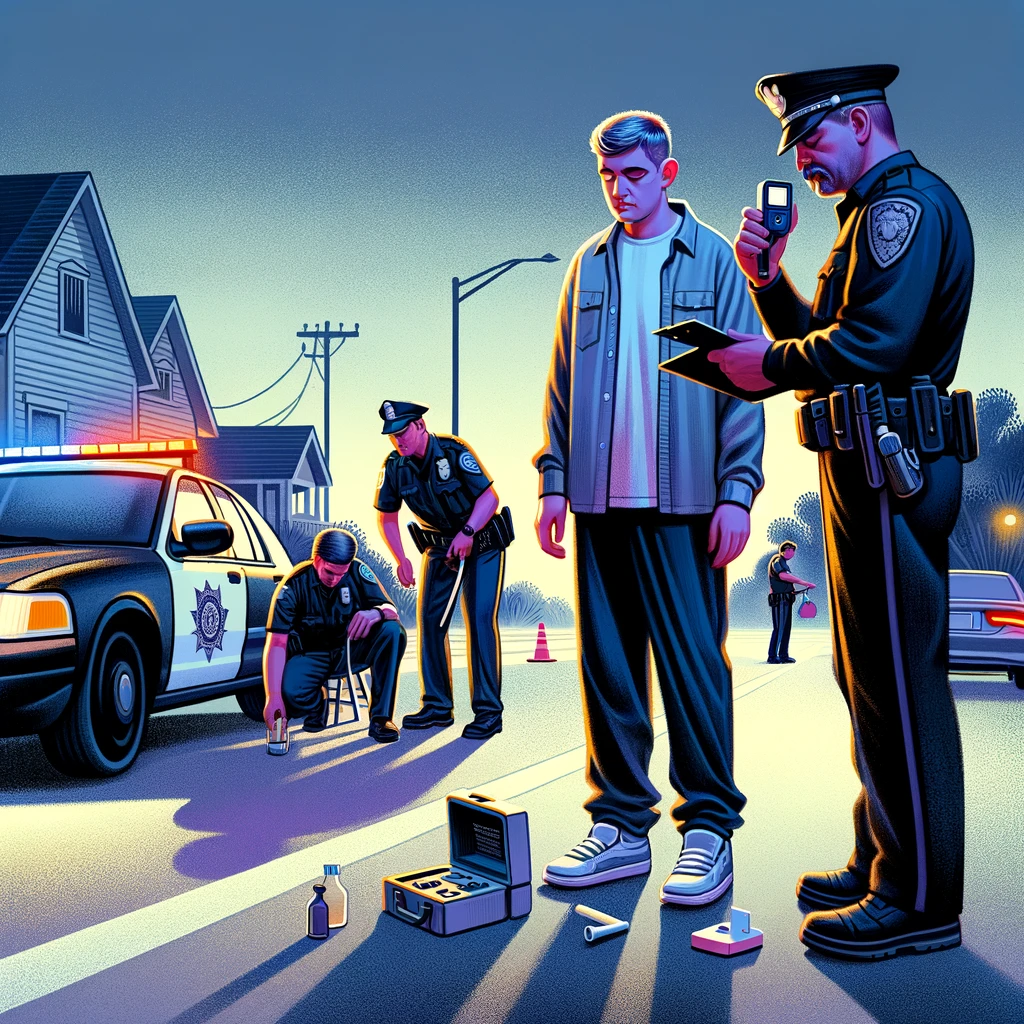 Law enforcement officers conducting a field sobriety test on a driver at roadside, police car with flashing lights, test equipment on the ground, assessing coordination and balance in a DUI/DWI context.