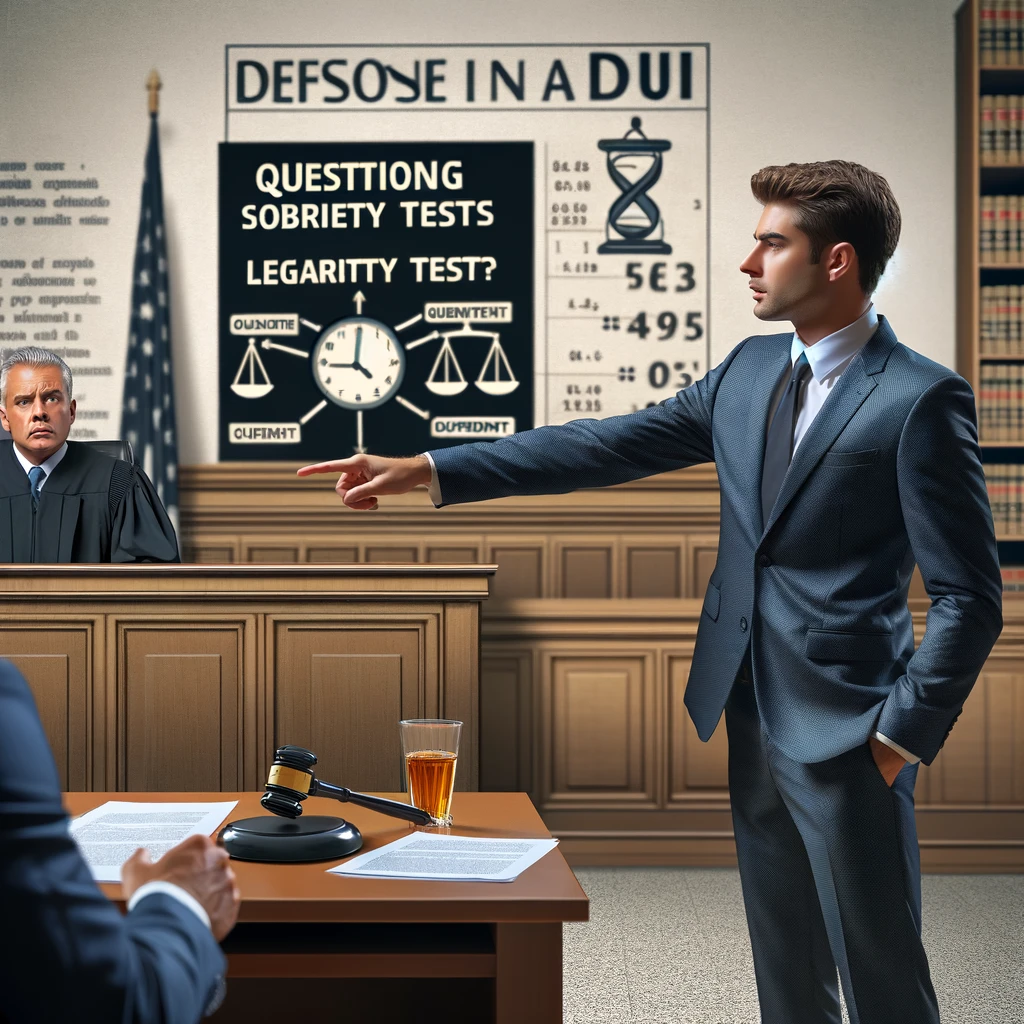Defense attorney questioning sobriety tests and legality of traffic stop in courtroom, judge observing, legal documents and gavel on table, emphasizing DUI defense strategies in Texas.