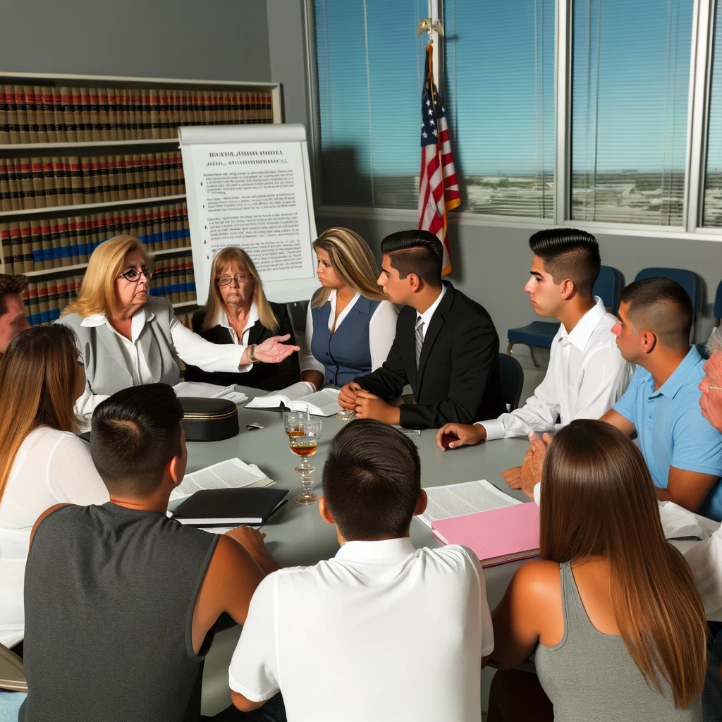 Group of diverse individuals, including a legal expert, engaged in serious discussion about DUI and DWI laws, with legal documents and American flag in the background.