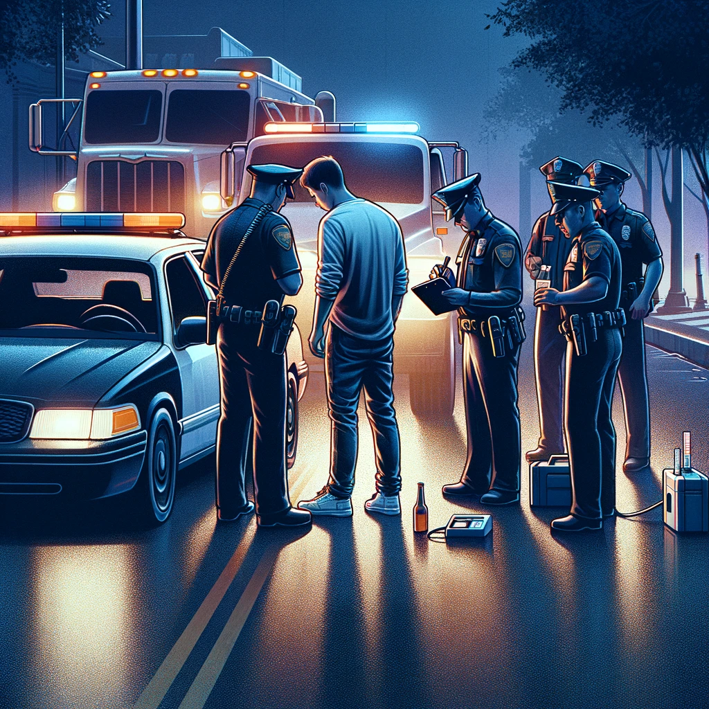 Law enforcement officials conducting a nighttime traffic stop for suspected DUI, with a driver being questioned near police vehicles and evidence of alcohol present.