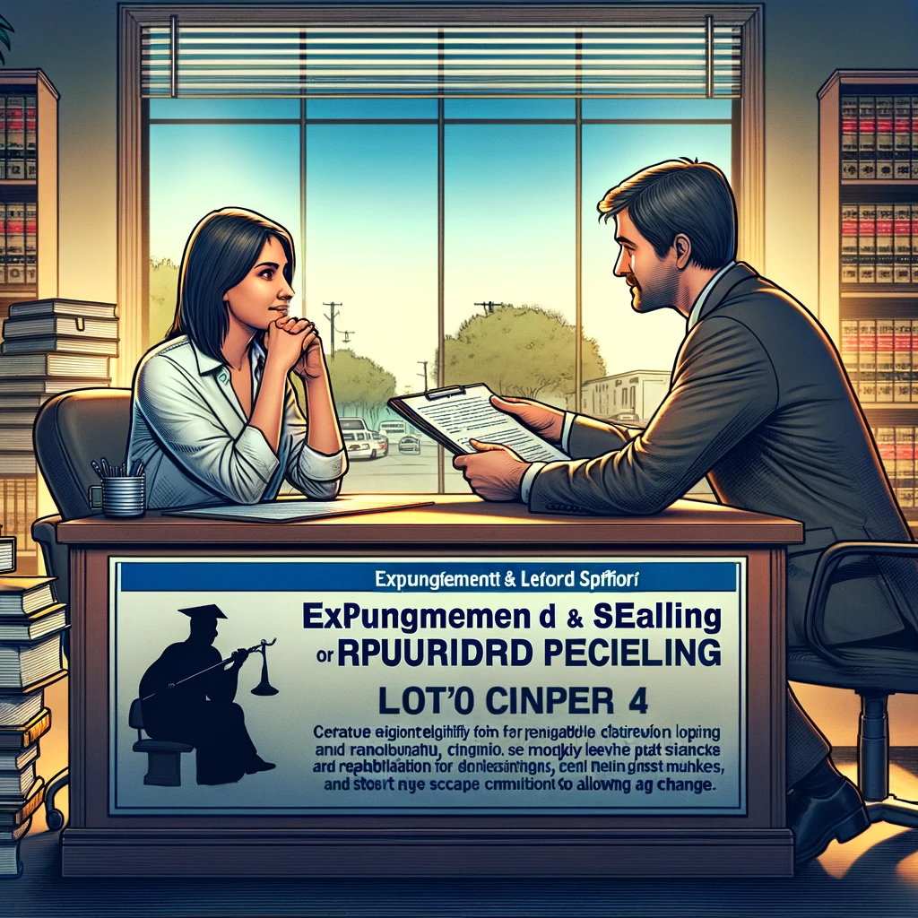 Individual discussing expungement and record sealing with a legal expert in a Texas law office, featuring a sign about expungement processes.