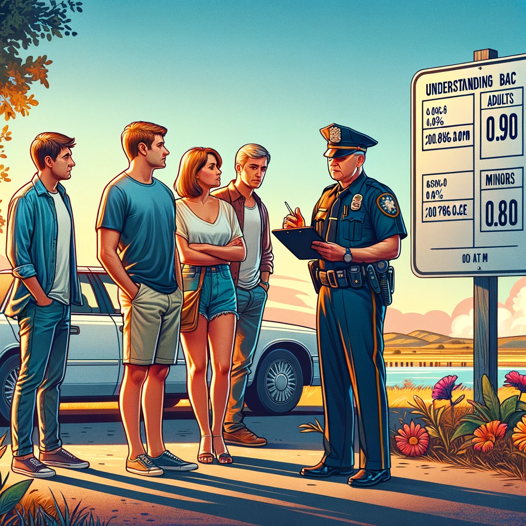 Diverse group of adults and minors interacting with a police officer beside a roadside sign displaying Texas BAC limits for DUI laws.