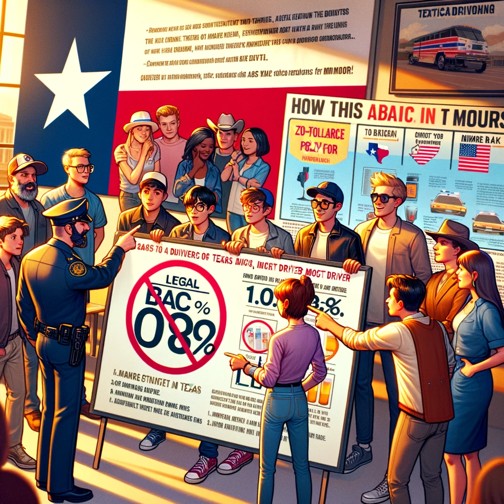Group of Texas drivers gathered around a large poster explaining DUI laws, featuring a police officer and visuals of legal BAC limits, emphasizing the 0.08% threshold and zero-tolerance policy for minors.