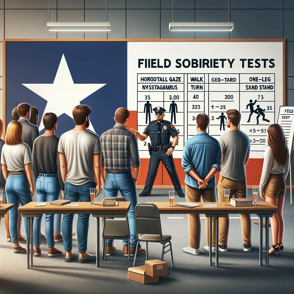 Group participating in a workshop about Field Sobriety Tests in Texas, featuring a police officer presenting information on a large screen displaying test details and a Texas flag backdrop.