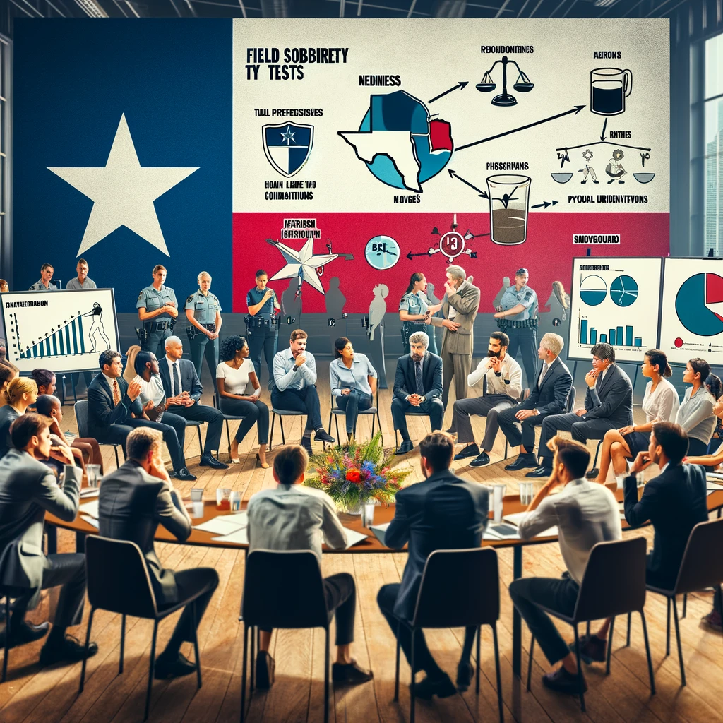 Dynamic workshop scene assessing accuracy of field sobriety tests in Texas, featuring diverse participants, law enforcement visuals, and informative graphics on FST implications and legal considerations.