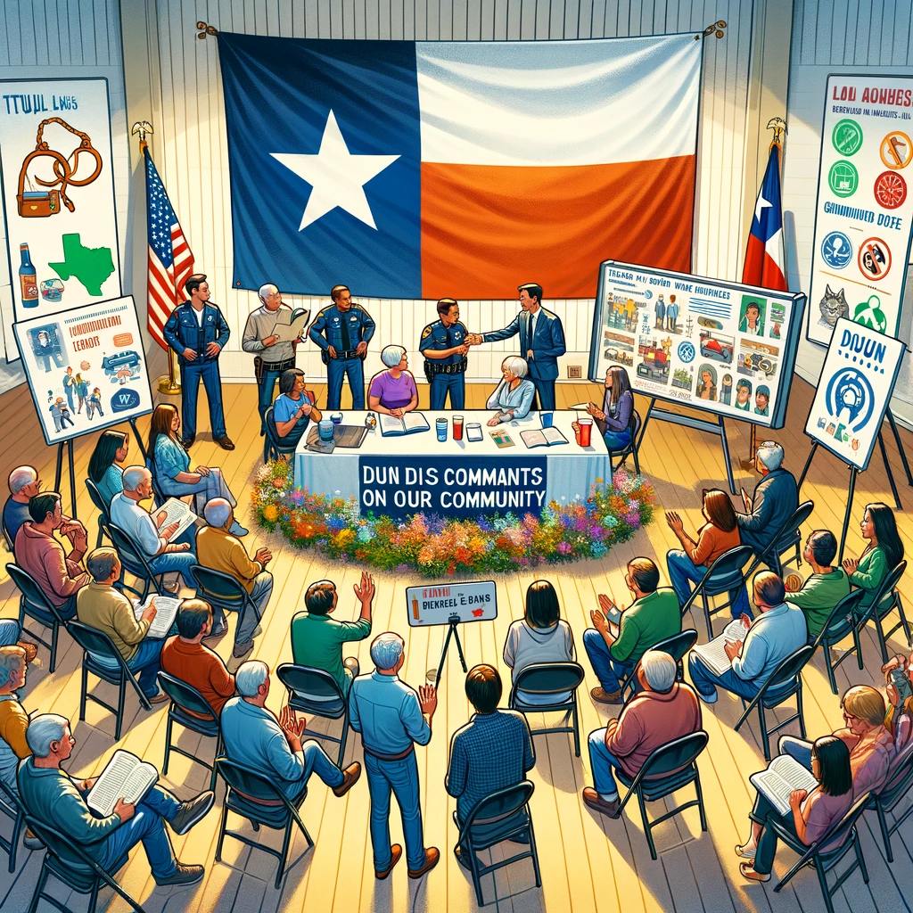 Community meeting in Texas discussing DUI impact, featuring law enforcement and residents, with a large Texas flag and informational posters on DUI laws and safety.