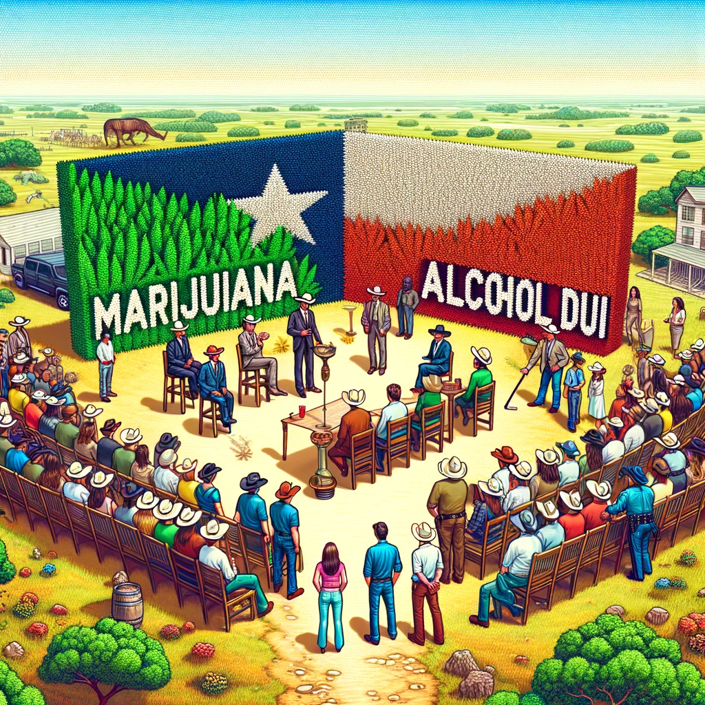 Illustration depicting a Texas-style debate on marijuana and alcohol DUIs, featuring a diverse audience engaged in discussion, with visual elements representing both topics in a rural setting.