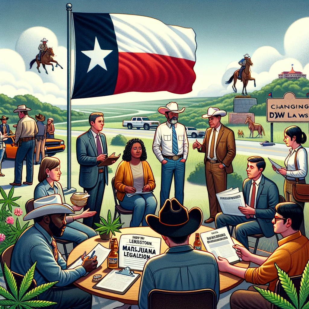 Diverse group of people in Texas discussing changing DWI laws and marijuana legalization, with Texas flag in background and legal documents on table.