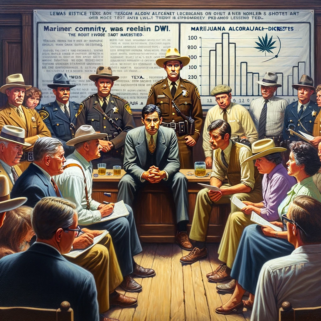 Group of law enforcement officers and citizens in a historical Texas setting discussing DWI trends, with a chart on marijuana legalization impacts in the background.