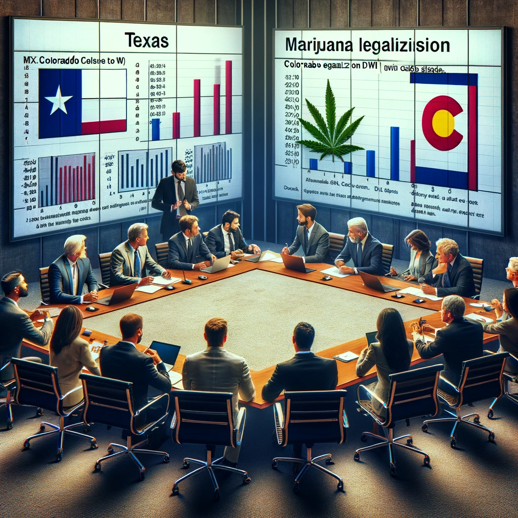Collaborative meeting of Texas and Colorado officials discussing marijuana legalization and DWI laws, with data charts and state flags displayed in a conference room setting.