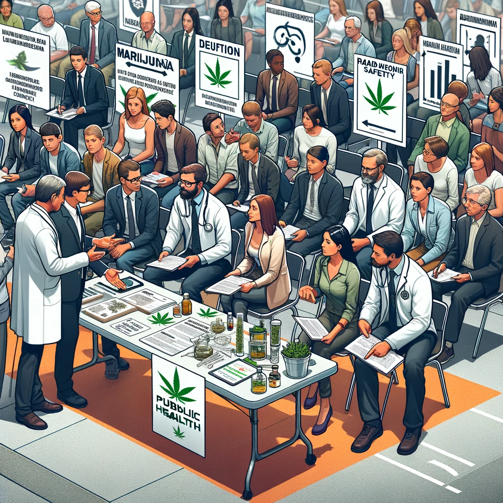 Diverse group of public health officials discussing marijuana legalization and DWI laws at a community forum, with educational materials and safety information displayed on a table.
