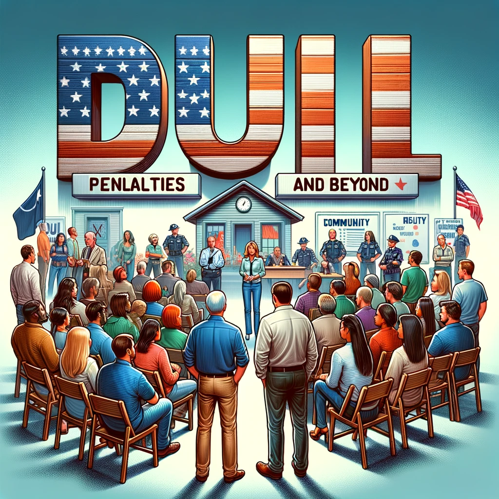 Diverse group of engaged citizens in community setting discussing DUI penalties, featuring large "DUI" text with American flag design, law enforcement officers, and legal representatives.