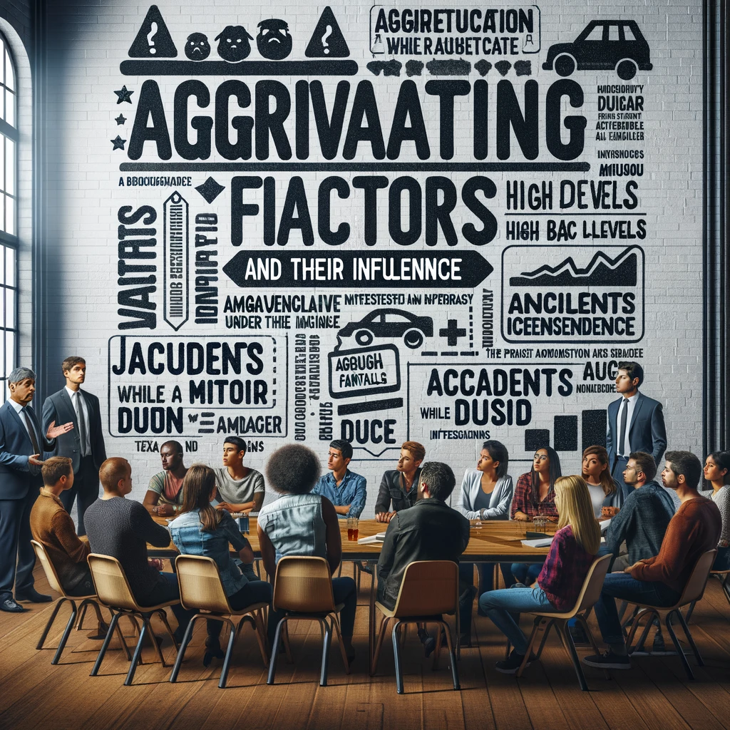 Diverse group of individuals in a community workshop discussing DUI aggravating factors, with a wall displaying related keywords and phrases.
