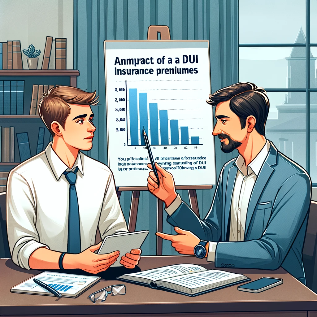 Financial advisor discussing DUI insurance premium impacts with client, featuring bar chart on DUI penalties, educational setting, legal guidance context.
